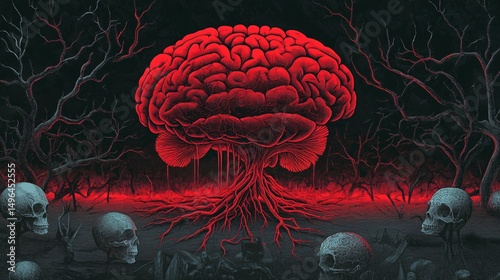A digitally painted scene of the brainâ€™s vascular tree with glowing red highlights, surrounded by negative space on top for inserting key findings or quotes