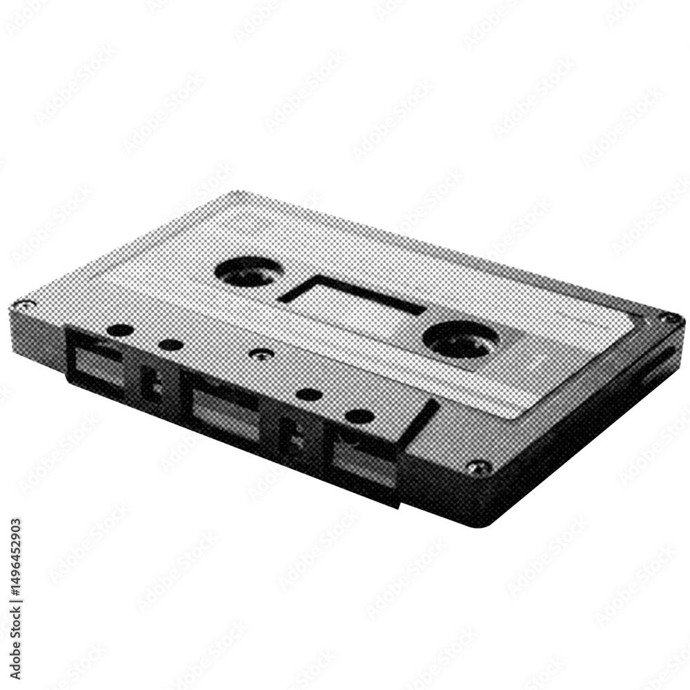 Obraz premium Retro vintage Cassette halftone on transparent PNG. Ideal for overlays, posters, and designs. High-res, AI-based with human edited effects. Old vintage Cassette in trendy dotted pop art style.