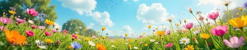 A vibrant blooming meadow bursting with wildflowers under a bright spring sky, perfect for a picnic or leisurely stroll  Ideal for travel, nature, and springtime themes ,  flora,  serenity photo
