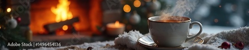 Cozy winter scene featuring a steaming mug of tea beside a warm, crackling fireplace Perfect for relaxation and holiday themes Enjoy the comforting warmth of the season , chalet, tea cup