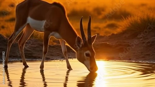 Waterhole Solitude: A solitary antelope, silhouetted against a breathtaking golden sunset, delicately drinks from a still waterhole, creating a serene and tranquil scene.