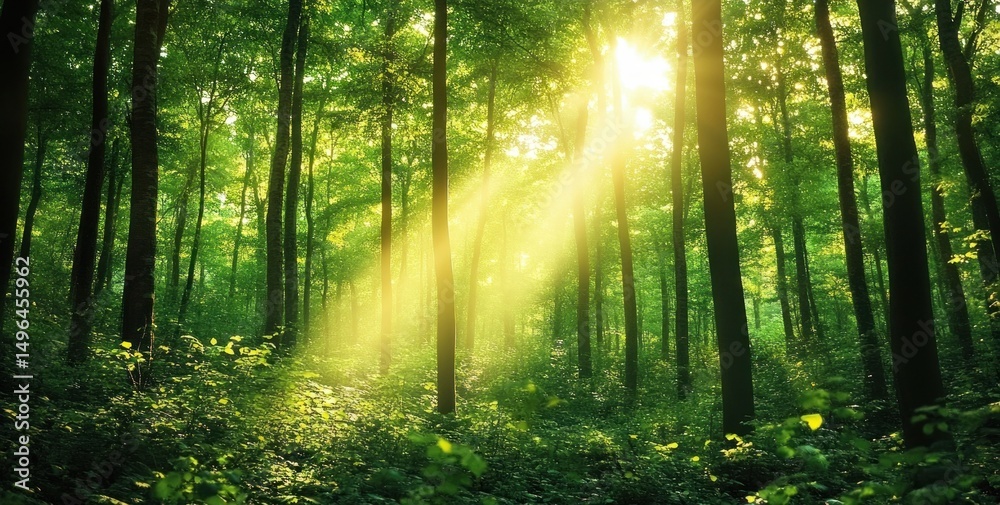 Fototapeta premium Sunlight filtering through dense green forest trees illuminating lush undergrowth with vibrant natural light and creating serene peaceful atmosphere