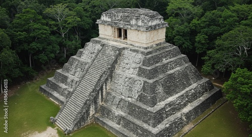 Ancient Mayan Pyramid: An imposing stone pyramid, a testament to ancient Mayan civilization, stands majestically amidst a lush green forest, inviting contemplation and wonder.