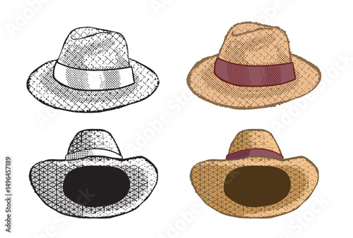Set of straw hats with ribbon. Transparent background.