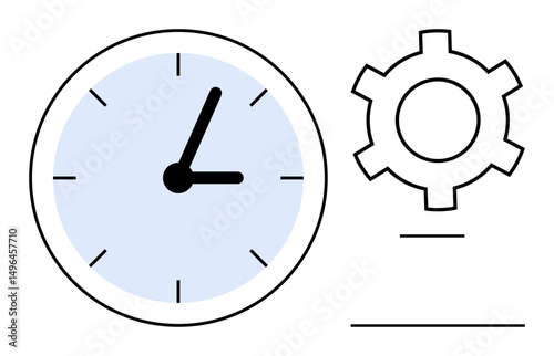 Analog clock with blue face next to a gear symbol, representing time, process efficiency, and productivity. Ideal for workflow, scheduling, automation, time tracking, project management work-life