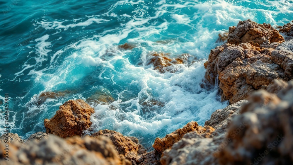 Obraz premium Crashing Waves Against Vibrant Coastal Rocks
