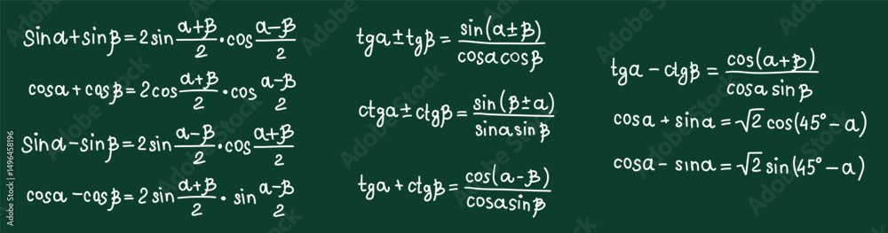 Obraz premium Mathematics formulas set. Hand drawn math trigonometry formulas and calculations on chalkboard. School green board with chalk freehand sketch symbols. Education concept. Isolated vector illustration
