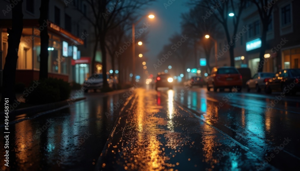 Fototapeta premium Illuminated by streetlights, the city street glistens with rain on a quiet evening in the city.