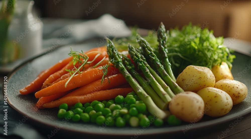 A close-up shot of a plate featuring a medley of cooked carrots, peas, asparagus, and small potatoes, garnished with fresh herbs, illuminated by soft, warm light A close-up shot of a plate featuring a medley of cooked carrots, peas, asparagus, and small potatoes, garnished with fresh herbs, illuminated by soft, warm light
