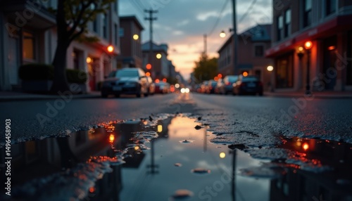 City street view with a puddle reflecting lights at dusk, moody, serene, and slightly abstract.