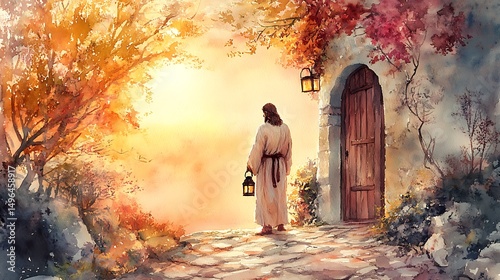 A watercolor painting of Jesus at a cottage door, lantern in hand, soft orange and pink sunset behind him, gentle light reflecting on the stone pathway. Created Using: warm color scheme,