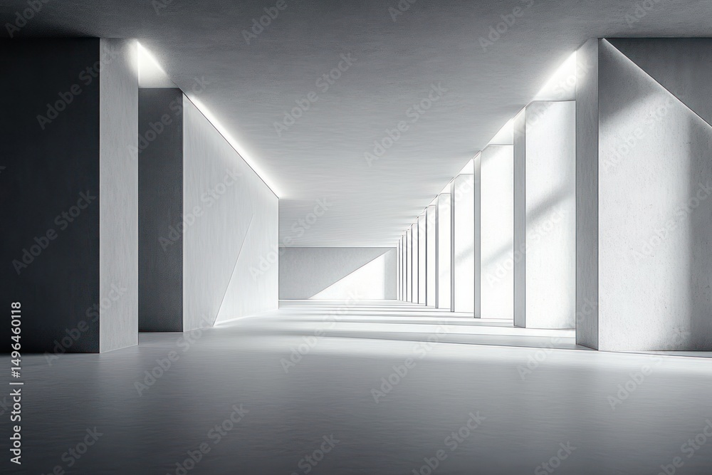 Fototapeta premium Minimalistic spacious corridor with geometric concrete columns and large windows casting sharp shadows and bright natural light
