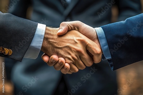 Close-up of two people in business suits shaking hands symbolizing agreement and partnership with a blurred background