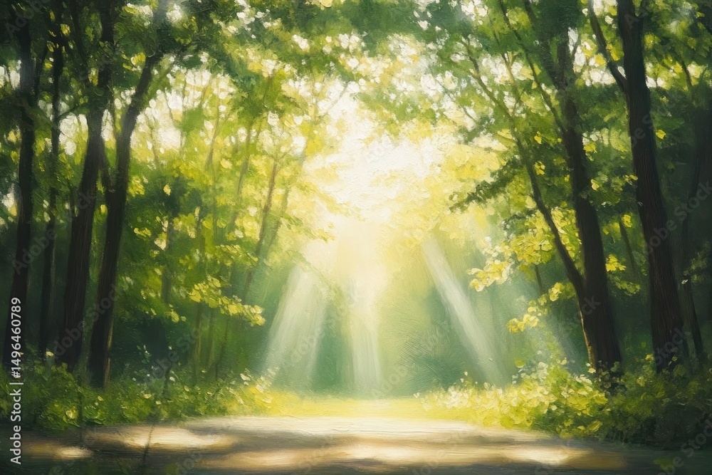 Obraz premium Sunlight streaming through tall trees onto a forest path creating a peaceful and serene atmosphere