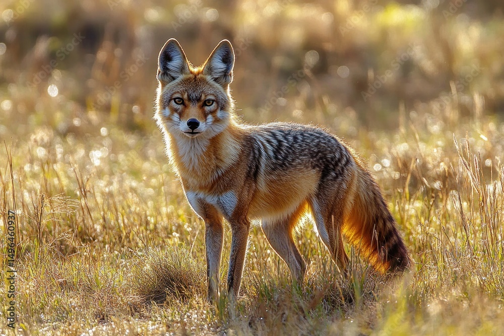 Alert and curious fox standing in golden grassy field with warm sunlight highlighting its fur and expressive eyes Alert and curious fox standing in golden grassy field with warm sunlight highlighting its fur and expressive eyes