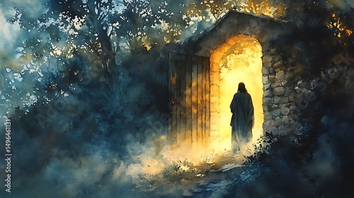 A watercolor painting of Jesus knocking at a small wooden chapel door, evening mist around him, soft golden light spilling from the window, a peaceful aura. Created Using: ethereal glow effects,