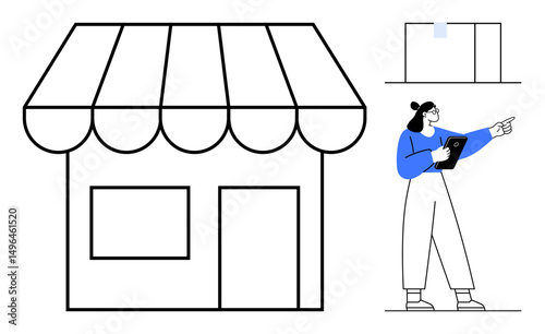 Storefront with striped canopy, entrepreneur holding tablet, strategy planning details. Ideal for business concepts, retail strategy, entrepreneurship, marketing, branding, online startup simple