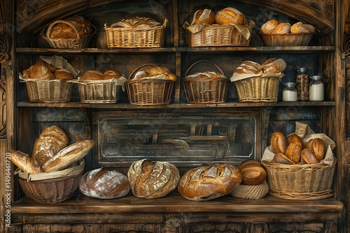 Artisan bread on display in wicker baskets on shelves in a traditional bakery