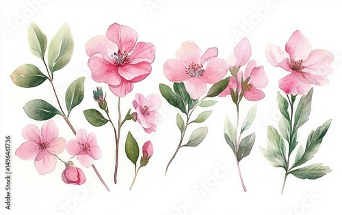Wallpaper Mural Delicate watercolor painting of various pink flowers and green leaves on white background evoking a calm and natural feeling Torontodigital.ca