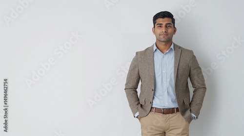 Portrait of a young and confident Indian man wearing a checkered blazer and beige pants, posing with hands in pockets against a white background, symbolizing style, professionalism.