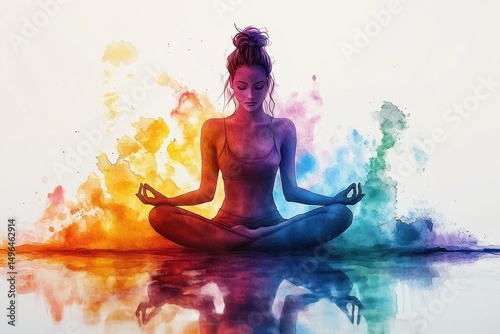 Woman meditating in a seated lotus position surrounded by vibrant colorful splashes symbolizing calmness and inner peace