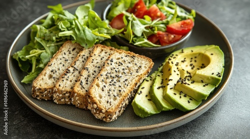 A dark-grey plate holds three slices of seeded bread, alongside sliced avocado and a small bowl of mixed greens and cherry tomatoes