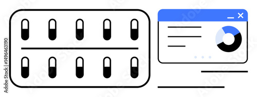 Capsule blister pack alongside digital dashboard with chart and text elements. Ideal for healthcare, telemedicine, pharmaceutical, data analytics, online services, health monitoring, flat simple