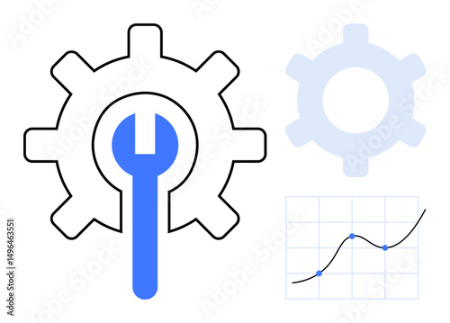 Gear with wrench symbolizes maintenance and development. Adjacent graph shows growth tracking. Ideal for technology, process optimization, strategy, analytics, engineering, management, flat simple