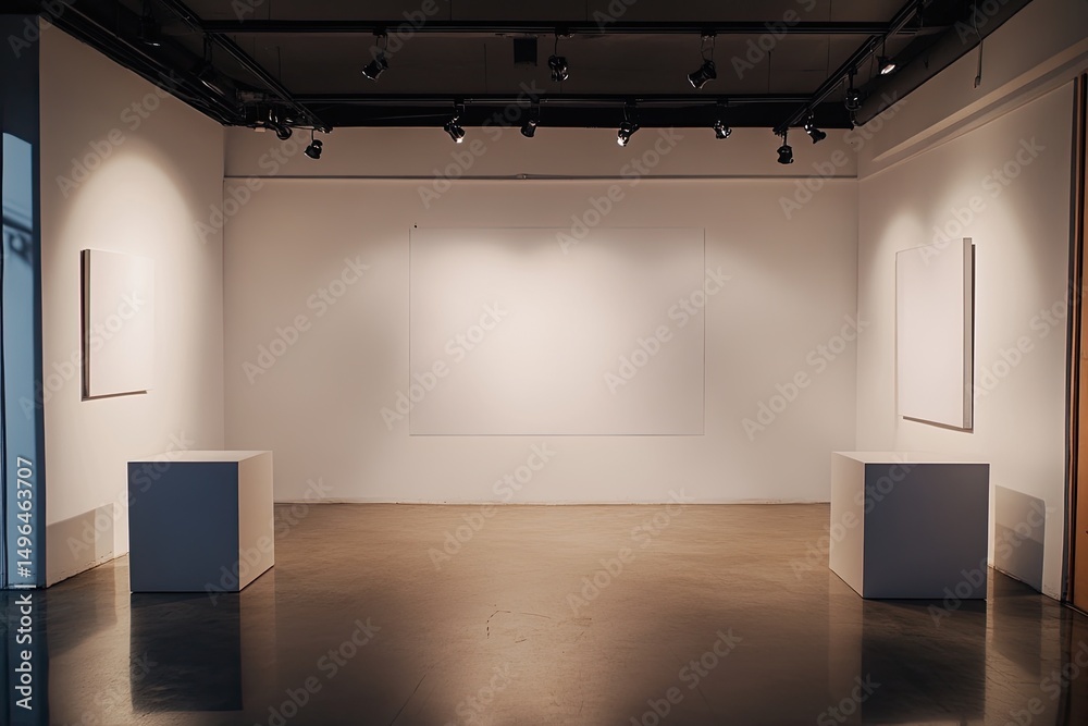 Minimalist art gallery space with blank canvases and spotlighting Minimalist art gallery space with blank canvases and spotlighting