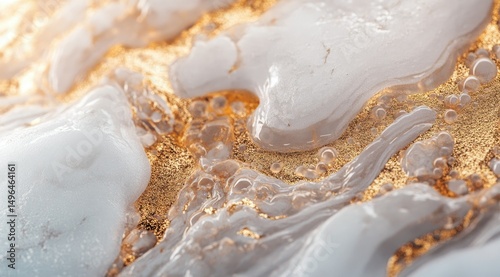 Abstract close-up of flowing white and gold paint creating a marbled effect with air bubbles