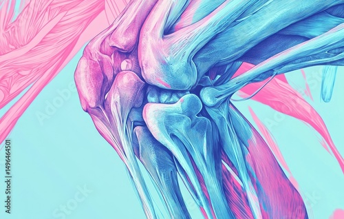 Abstract anatomical artwork depicting a stylized knee joint in pastel pink and blue hues, set against a soft, light blue background with flowing, painterly textures