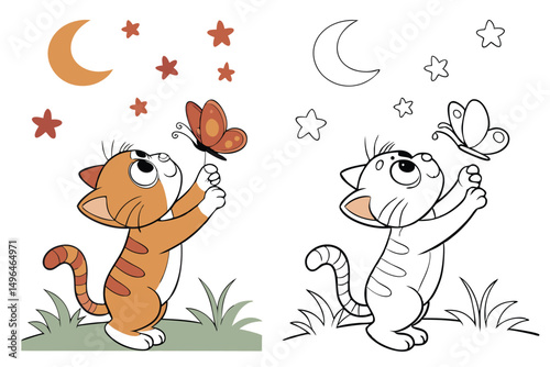 coloring book with full-color illustration on the left side and black-and-white outline version on the right side, cute children's book style, white background