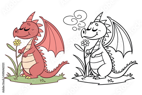 coloring book with full-color illustration on the left side and black-and-white outline version on the right side, cute children's book style, white background