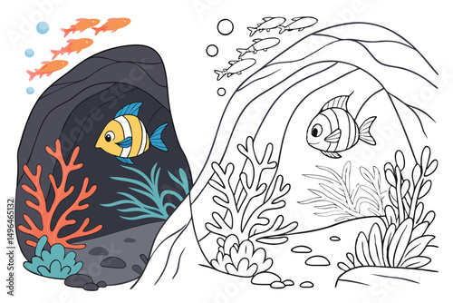 coloring book with full-color illustration on the left side and black-and-white outline version on the right side, cute children's book style, white background