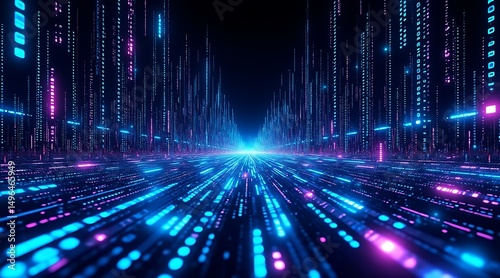 Digital data stream flowing through the futuristic city landscape representing modern technology advancements