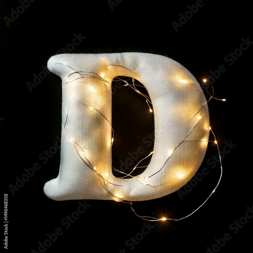 A letter D inflated, puffy shape made of soft cotton, folds and wrinkles on material with Christmas light