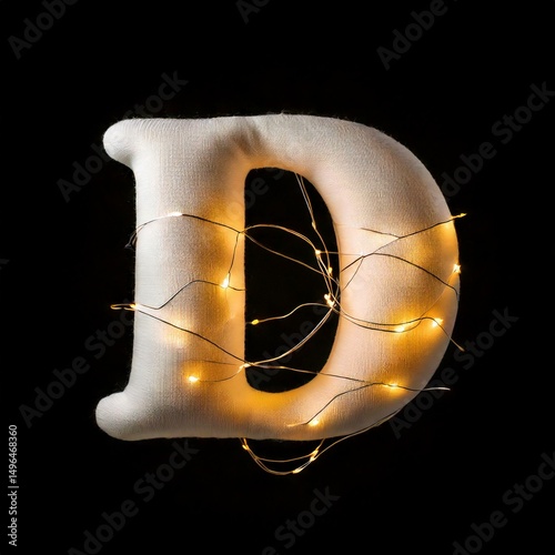A letter D inflated, puffy shape made of soft cotton, folds and wrinkles on material with Christmas light