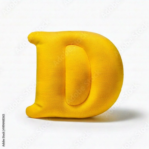 A letter D inflated, puffy shape made of yellow soft cotton, folds and wrinkles on material, isolated on white background