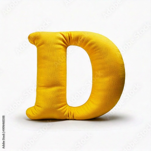 A letter D inflated, puffy shape made of yellow soft cotton, folds and wrinkles on material, isolated on white background