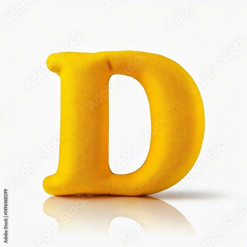 A letter D inflated, puffy shape made of yellow soft cotton, folds and wrinkles on material, isolated on white background