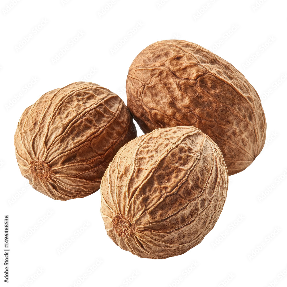 Dry nutmeg on Transparent background showcasing its unique texture and shape in a simple arrangement, Dry nutmeg isolated on PNG background Dry nutmeg on Transparent background showcasing its unique texture and shape in a simple arrangement, Dry nutmeg isolated on PNG background