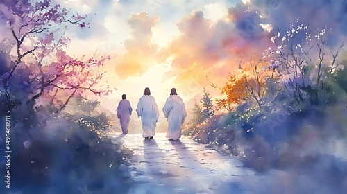 Jesus appearing on path to Emmaus, watercolor artwork, radiant white robes, pastel sunset sky, travelers in awe, soft trees and village backdrop, delicate blossoms. Created Using: round brush,