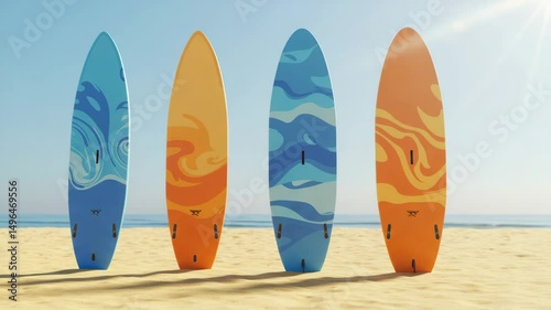four colorful surfboards lined up vertically on a sandy beach, a clear blue sky, 4k video, Four colorful surfboards standing upright on a pristine sandy beach on a sunny day, ready for surfing, 