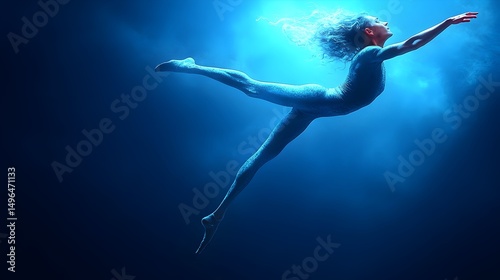 A lithe female figure in a light-colored bodysuit floats gracefully, limbs extended, against a dark blue, ethereal backdrop, hair flowing