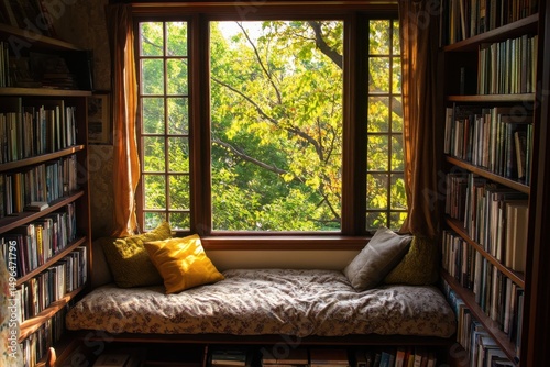 sunbeam lighting up a reading nook with cushions and bookshelves, quiet and serene  