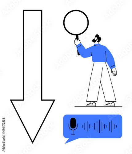 Man holding magnifying glass, analyzing soundwave in a voice message bubble, and downward arrow symbol. Ideal for search, analysis, research, communication, feedback, trends simple landing page