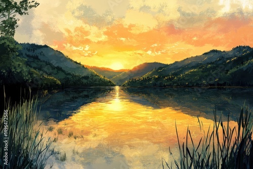 sunset reflected in a calm mountain lake, mirror-like surface, peaceful landscape - 