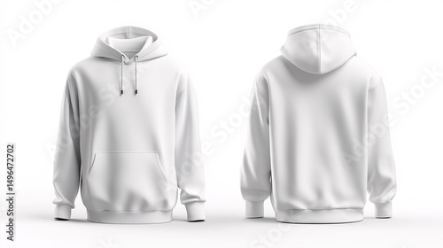 White hoodie mockup front and back view, blank design, on a white background.