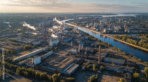 Industrial complex overview riverbank aerial photography urban landscape daytime manufacturing insights