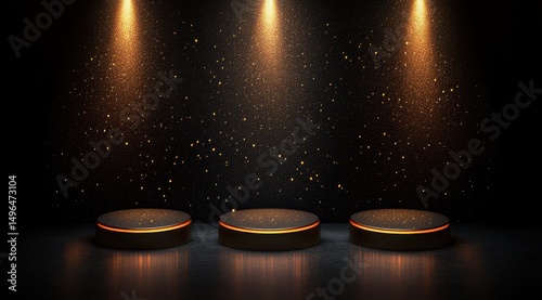 Three circular dark platforms illuminated by three warm spotlights, gold glitter descends in the dark background, reflecting on a glossy floor